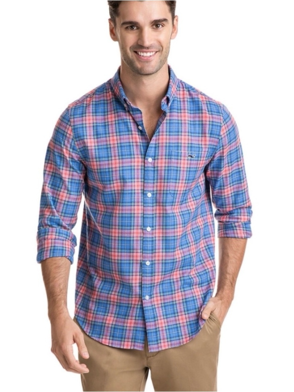 Vineyard Vines Men's Slim Fit Tucker Blue and Pink Plaid Shirt